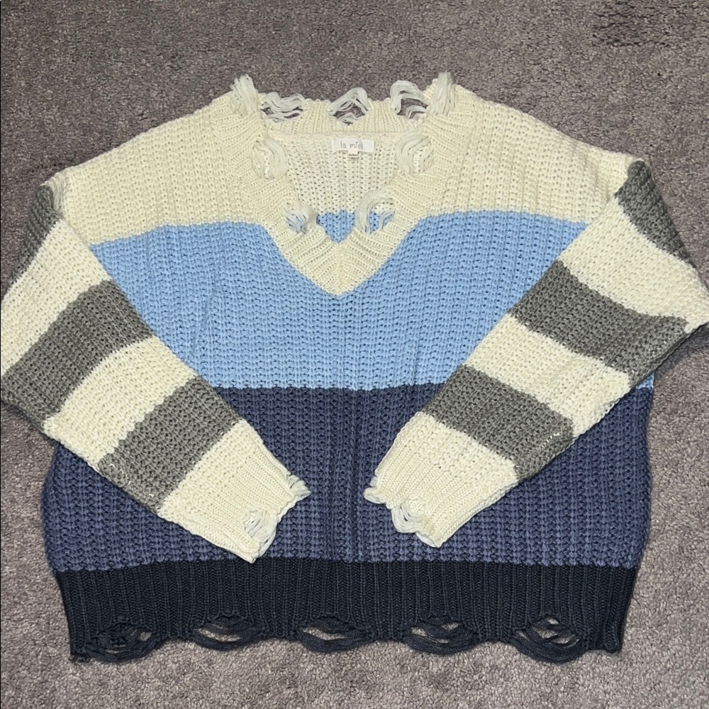 Distressed Striped Knit Sweater - Cream, Blue, and Gray